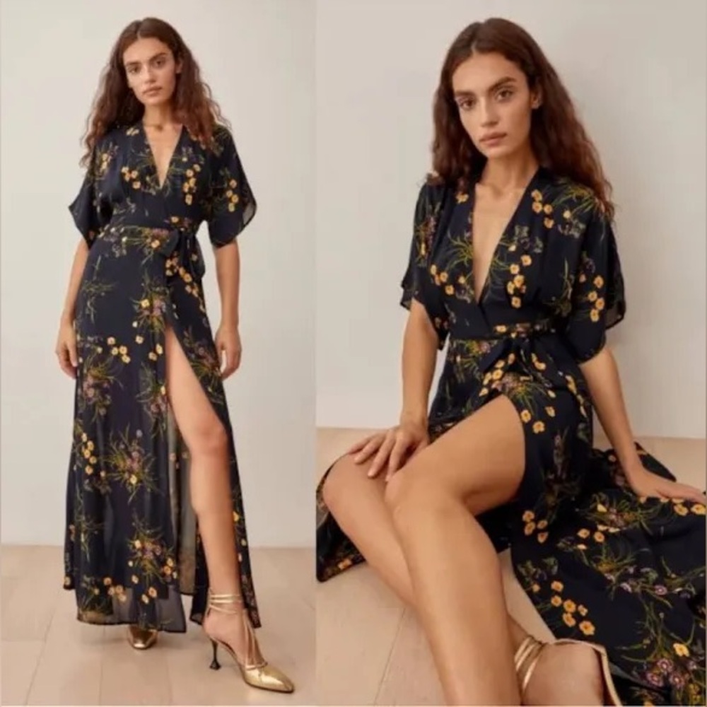 REFORMATION Winslow Dress Navy Blue Floral Mademoiselle Yellow Wrap Maxi S